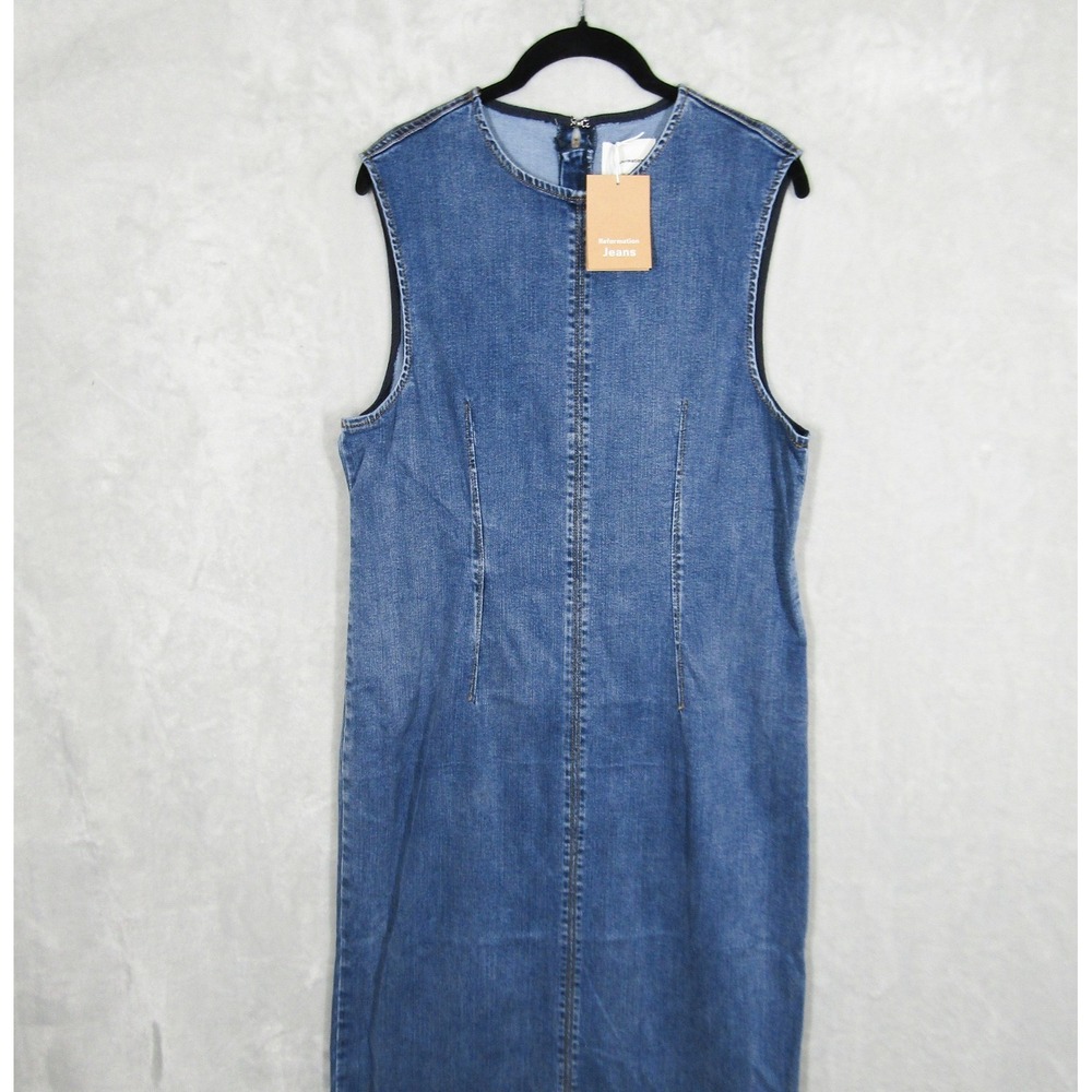 Reformation Dress Kendi Denim Midi Womens 14 Blue Sleeveless Eco Friendly Zip Up